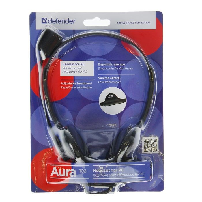 Наушники Defender Aura 102, компьютерные, микрофон, 85 дБ, 32 Ом, 3.5 мм, 1.8 м, чёрные - фото 51363477 Наушники Defender Aura 102, компьютерные, микрофон, 85 дБ, 32 Ом, 3.5 мм, 1.8 м, чёрные - фото 51363477
