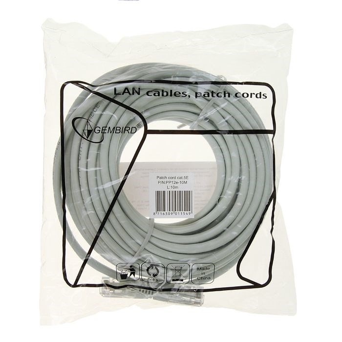 Патч-корд Gembird PP12e-10M, UTP 5е кат., RJ-45(m)-RJ-45(m), 10 м, серый - фото 51363879 Патч-корд Gembird PP12e-10M, UTP 5е кат., RJ-45(m)-RJ-45(m), 10 м, серый - фото 51363879