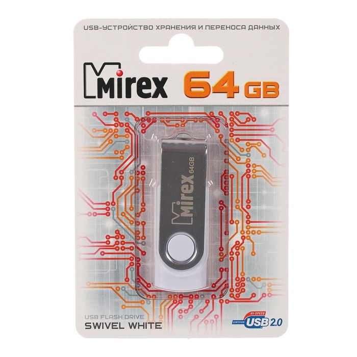 Флешка Mirex SWIVEL WHITE, 64 Гб, USB2.0, чт до 25 Мб/с, зап до 15 Мб/с, белый-серый - фото 51366975 Флешка Mirex SWIVEL WHITE, 64 Гб, USB2.0, чт до 25 Мб/с, зап до 15 Мб/с, белый-серый - фото 51366975