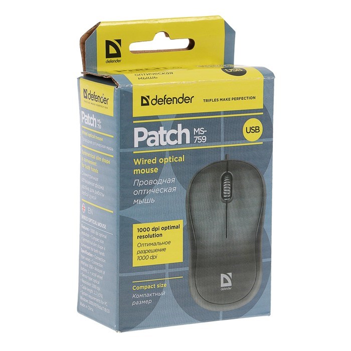Мышь Defender Patch MS-759, проводная, оптическая, 3 кнопки, 1000 dpi, USB, чёрная - фото 51367207 Мышь Defender Patch MS-759, проводная, оптическая, 3 кнопки, 1000 dpi, USB, чёрная - фото 51367207