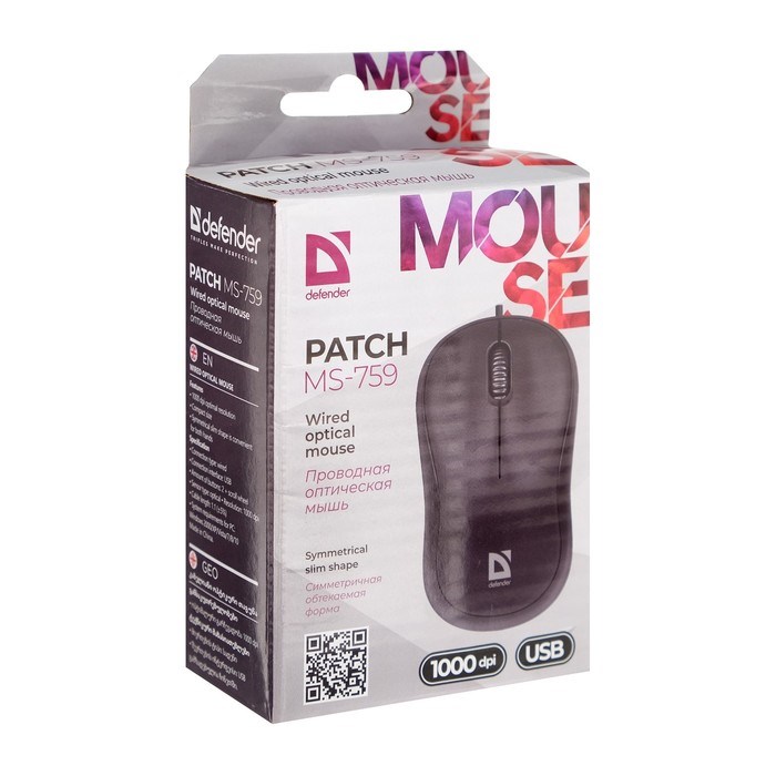 Мышь Defender Patch MS-759, проводная, оптическая, 3 кнопки, 1000 dpi, USB, чёрная - фото 51367209 Мышь Defender Patch MS-759, проводная, оптическая, 3 кнопки, 1000 dpi, USB, чёрная - фото 51367209