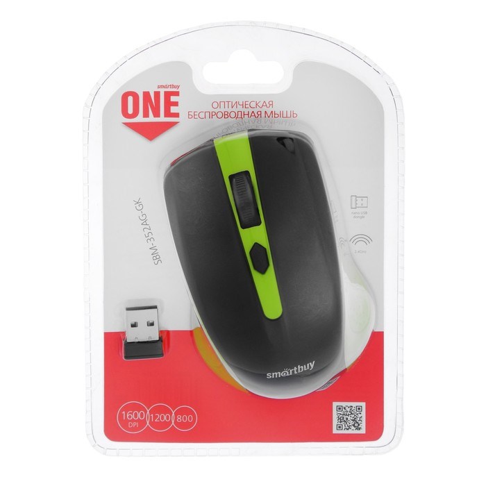 Мышь Smartbuy ONE 352, беспроводная, оптическая, 1600 dpi, 2xAAA (не в компл), зелёно-чёрная - фото 51367328 Мышь Smartbuy ONE 352, беспроводная, оптическая, 1600 dpi, 2xAAA (не в компл), зелёно-чёрная - фото 51367328