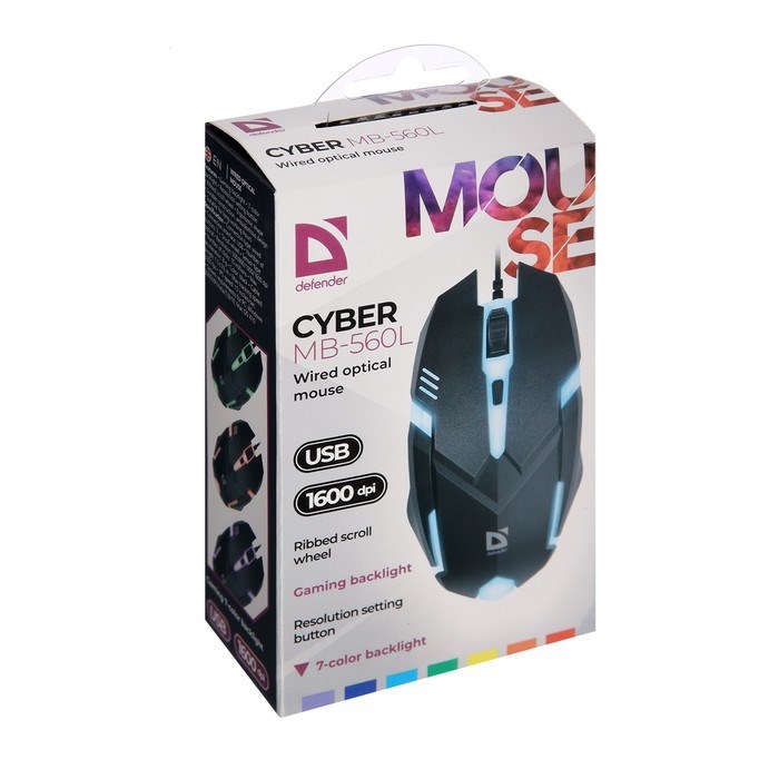 Мышь Defender Cyber MB-560L, игровая, проводная, оптическая, подсветка, 3 кнопки, 1600 dpi, черная - фото 51368543 Мышь Defender Cyber MB-560L, игровая, проводная, оптическая, подсветка, 3 кнопки, 1600 dpi, черная - фото 51368543