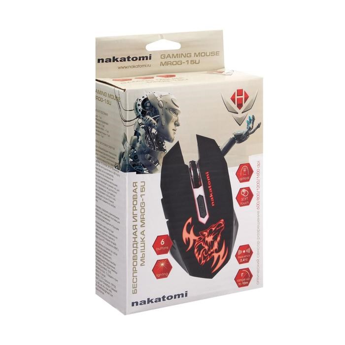 Мышь Nakatomi MROG-15U, игровая, беспроводная, оптическая, 1600 dpi, подсветка, USB, чёрная - фото 51369161 Мышь Nakatomi MROG-15U, игровая, беспроводная, оптическая, 1600 dpi, подсветка, USB, чёрная - фото 51369161