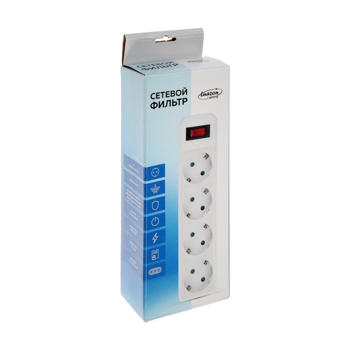 Сетевой фильтр Luazon Lighting, 4 розетки, 0.5 м, 2200 Вт, 3 х 0.75 мм2, 10 A, 220 В, белый - фото 51370521 Сетевой фильтр Luazon Lighting, 4 розетки, 0.5 м, 2200 Вт, 3 х 0.75 мм2, 10 A, 220 В, белый - фото 51370521
