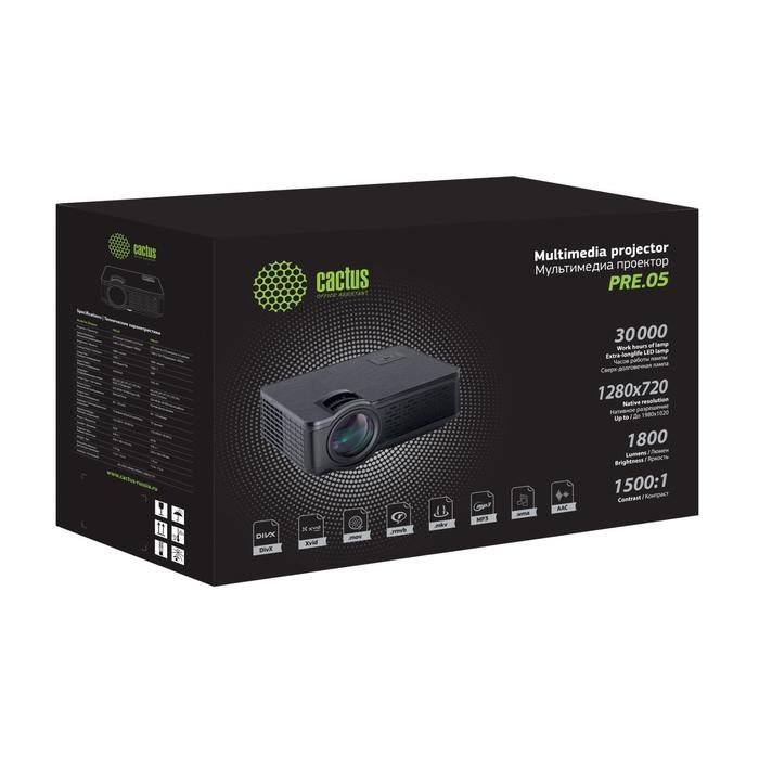 Проектор Cactus CS-PRE.05B.WXGA,1800лм,1280x720,1500:1,ресурс лампы:30000ч,USB,HDMI,черный - фото 51370707 Проектор Cactus CS-PRE.05B.WXGA,1800лм,1280x720,1500:1,ресурс лампы:30000ч,USB,HDMI,черный - фото 51370707