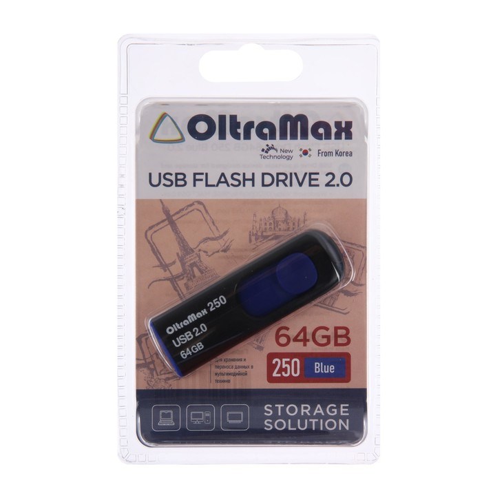 Флешка OltraMax 250, 64 Гб, USB2.0, чт до 15 Мб/с, зап до 8 Мб/с, синяя - фото 51374059 Флешка OltraMax 250, 64 Гб, USB2.0, чт до 15 Мб/с, зап до 8 Мб/с, синяя - фото 51374059