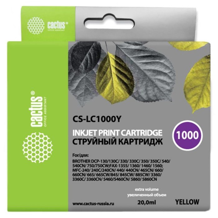 Картридж Cactus CS-LC1000Y, (DCP 130C/330С/MFC-240C/5460CN), для Brother, жёлтый - фото 51375070 Картридж Cactus CS-LC1000Y, (DCP 130C/330С/MFC-240C/5460CN), для Brother, жёлтый - фото 51375070