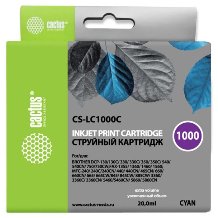 Картридж Cactus CS-LC1000C, (DCP 130C/330С/MFC-240C/5460CN), для Brother, голубой - фото 51375073 Картридж Cactus CS-LC1000C, (DCP 130C/330С/MFC-240C/5460CN), для Brother, голубой - фото 51375073