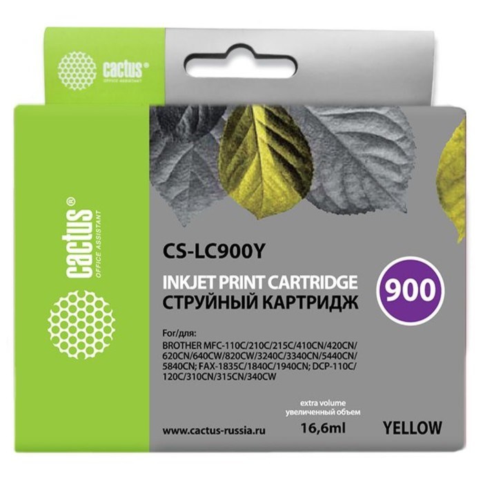 Картридж Cactus CS-LC900Y, для Brother DCP-110/115/120/MFC-210/215/FAX-1840, 16,6 мл, цвет жёлтый - фото 51376466 Картридж Cactus CS-LC900Y, для Brother DCP-110/115/120/MFC-210/215/FAX-1840, 16,6 мл, цвет жёлтый - фото 51376466