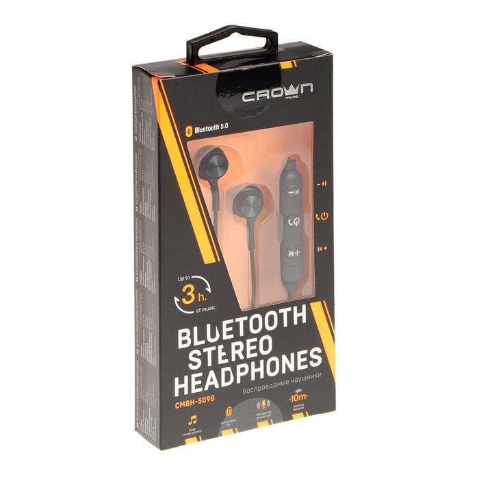 Наушники Crown CMBH-5098 , беспроводные, вкладыши, микрофон, BT 5.0, 55 мАч, чёрные - фото 51377239 Наушники Crown CMBH-5098 , беспроводные, вкладыши, микрофон, BT 5.0, 55 мАч, чёрные - фото 51377239