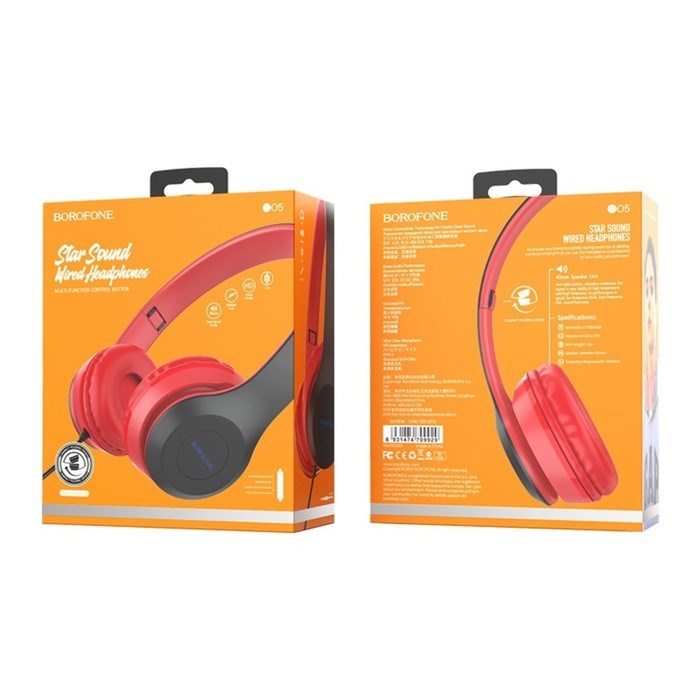 Наушники Borofone BO5 Star sound, накладные, микрофон, Jack 3.5 мм, кабель 1.2 м, красные - фото 51378799 Наушники Borofone BO5 Star sound, накладные, микрофон, Jack 3.5 мм, кабель 1.2 м, красные - фото 51378799