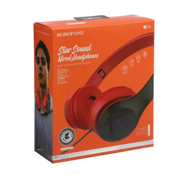 Наушники Borofone BO5 Star sound, накладные, микрофон, Jack 3.5 мм, кабель 1.2 м, красные - фото 51378800 Наушники Borofone BO5 Star sound, накладные, микрофон, Jack 3.5 мм, кабель 1.2 м, красные - фото 51378800