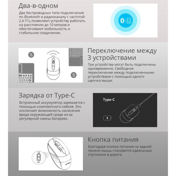 Мышь A4Tech Fstyler FB10C, оптическая, беспроводная, 2400dpi, USB, розовая - фото 51378847 Мышь A4Tech Fstyler FB10C, оптическая, беспроводная, 2400dpi, USB, розовая - фото 51378847