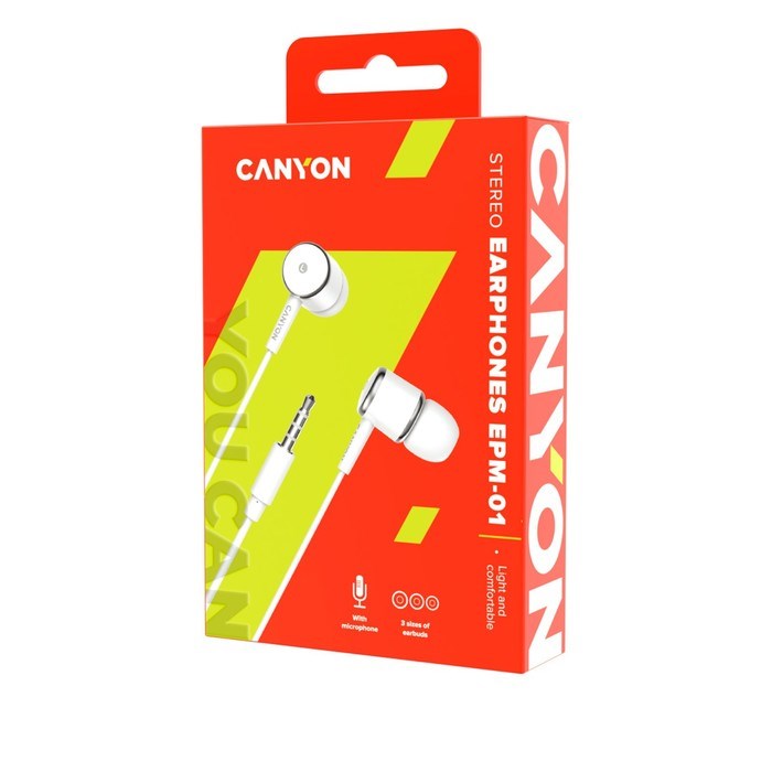 Наушники Canyon EPM-01, вакуумные, микрофон, 32 Ом, 100 дБ, 1.2 м, 3.5мм, белые - фото 51381297 Наушники Canyon EPM-01, вакуумные, микрофон, 32 Ом, 100 дБ, 1.2 м, 3.5мм, белые - фото 51381297