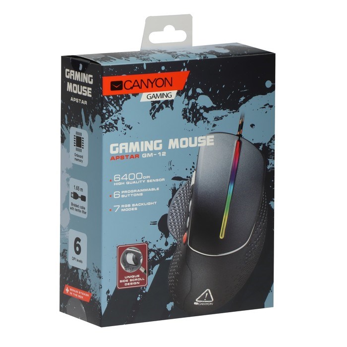 Мышь CANYON Apstar GM-12, игровая, проводная, оптическая, 6400 dpi, USB, 1.65 м, черная - фото 51381473 Мышь CANYON Apstar GM-12, игровая, проводная, оптическая, 6400 dpi, USB, 1.65 м, черная - фото 51381473
