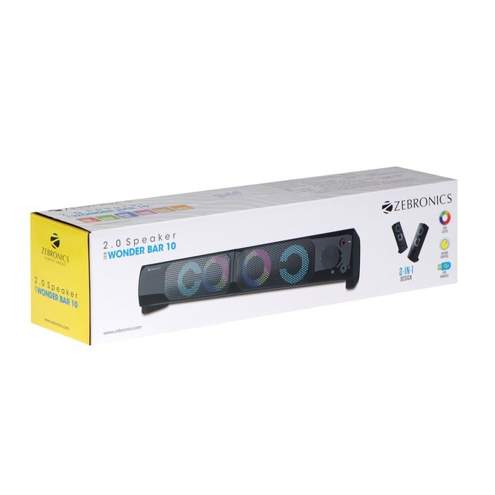 Компьютерная колонка-саундбар ZEBRONICS WONDERBAR10, 2х5 Вт, USB, подсветка, чёрная - фото 51382744 Компьютерная колонка-саундбар ZEBRONICS WONDERBAR10, 2х5 Вт, USB, подсветка, чёрная - фото 51382744