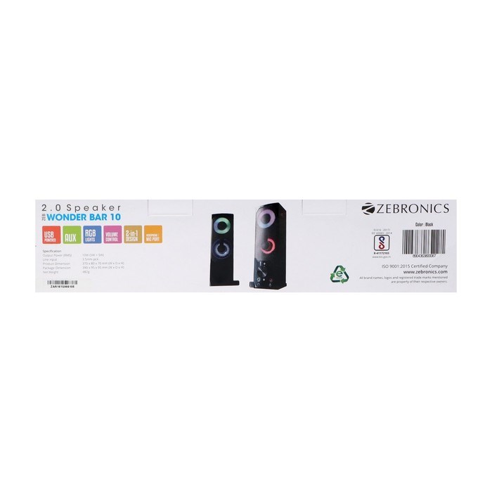 Компьютерная колонка-саундбар ZEBRONICS WONDERBAR10, 2х5 Вт, USB, подсветка, чёрная - фото 51382745 Компьютерная колонка-саундбар ZEBRONICS WONDERBAR10, 2х5 Вт, USB, подсветка, чёрная - фото 51382745