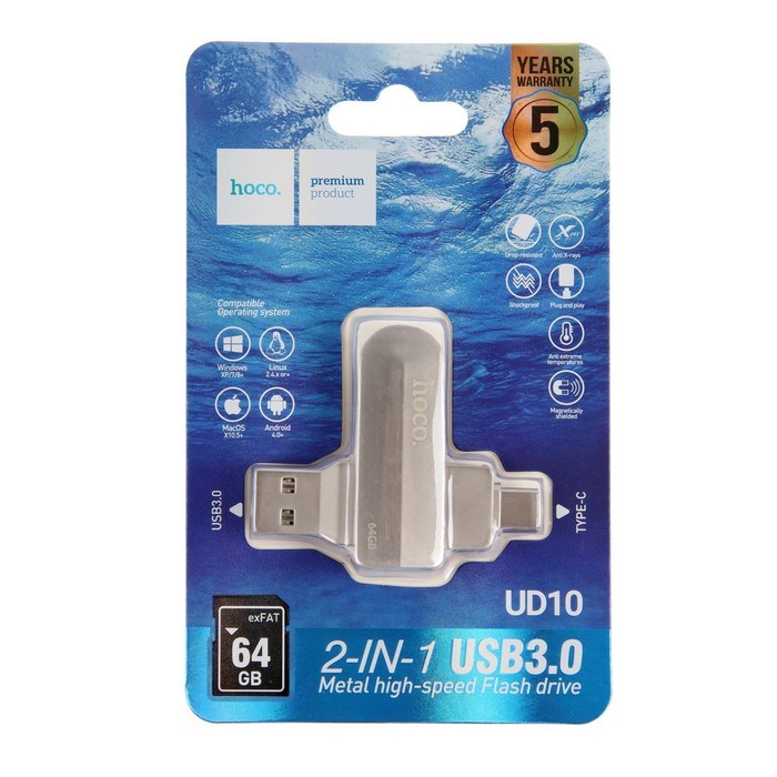 Флешка OTG Hoco UD10 Wise, 64 Гб, USB3.0, USB/Type-C, чт до 120 Мб/с, зап до 30 Мб/с, металл - фото 51382983 Флешка OTG Hoco UD10 Wise, 64 Гб, USB3.0, USB/Type-C, чт до 120 Мб/с, зап до 30 Мб/с, металл - фото 51382983