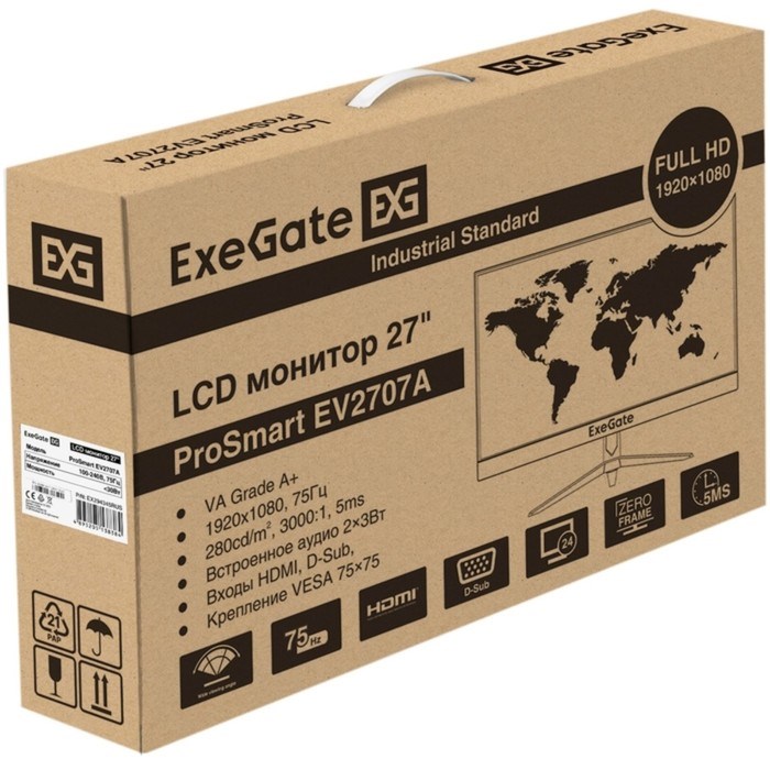Монитор ExeGate ProSmart EV2707A, 27", VA,1920x1080, 75Гц, 5 мс, D-Sub, HDMI, черный - фото 51383999 Монитор ExeGate ProSmart EV2707A, 27", VA,1920x1080, 75Гц, 5 мс, D-Sub, HDMI, черный - фото 51383999