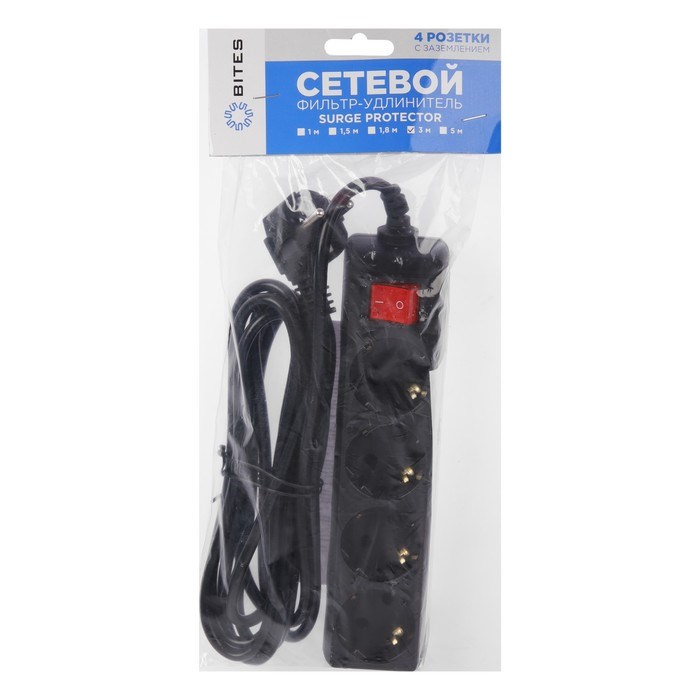 Сетевой фильтр 5bites SP4B-230 4S, 4 розетки, 3 м, 10 А, 3х0.75 мм2, с з/к, с выкл., черный - фото 51384344 Сетевой фильтр 5bites SP4B-230 4S, 4 розетки, 3 м, 10 А, 3х0.75 мм2, с з/к, с выкл., черный - фото 51384344