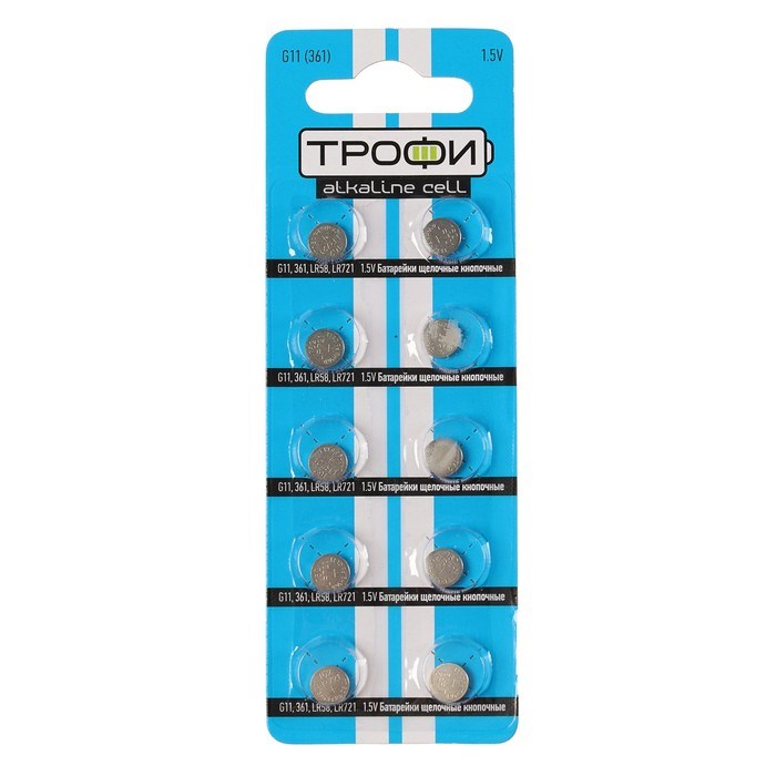 Батарейка алкалиновая "Трофи" Alkaline Cell, G11 (361, LR721, LR58)-10BL, 1.5В,блистер,10 шт. - фото 51387008 Батарейка алкалиновая "Трофи" Alkaline Cell, G11 (361, LR721, LR58)-10BL, 1.5В,блистер,10 шт. - фото 51387008