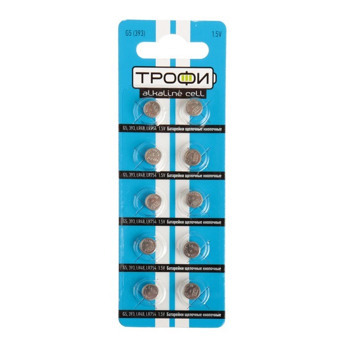 Батарейка алкалиновая "Трофи" Alkaline Cell, G5 (393, LR754, LR48)-10BL, 1.5В, блистер,10 шт. - фото 51387015 Батарейка алкалиновая "Трофи" Alkaline Cell, G5 (393, LR754, LR48)-10BL, 1.5В, блистер,10 шт. - фото 51387015