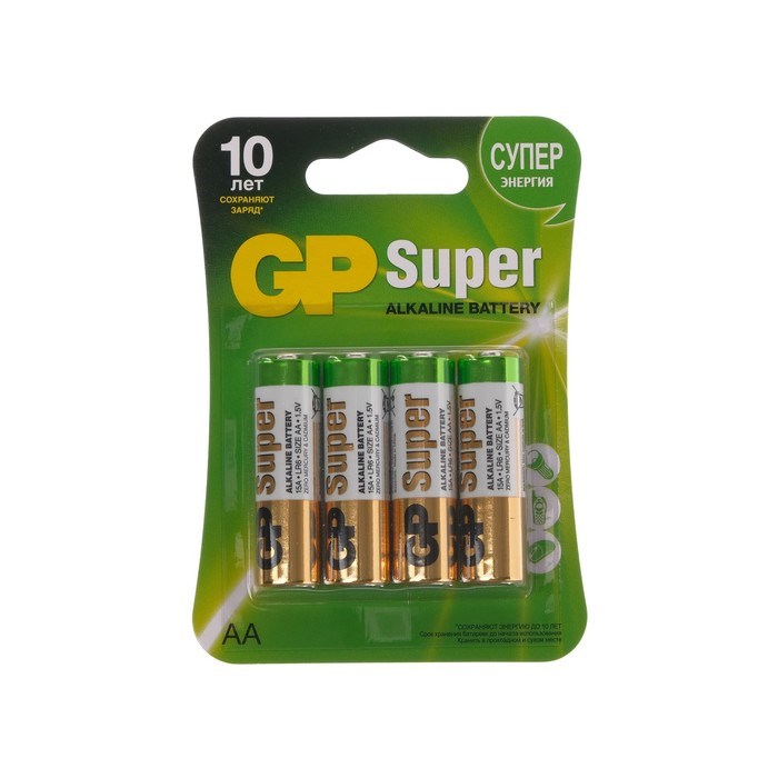 Батарейка алкалиновая GP Super, AA, LR6-4BL, 1.5В, блистер, 4 шт. - фото 51387075 Батарейка алкалиновая GP Super, AA, LR6-4BL, 1.5В, блистер, 4 шт. - фото 51387075