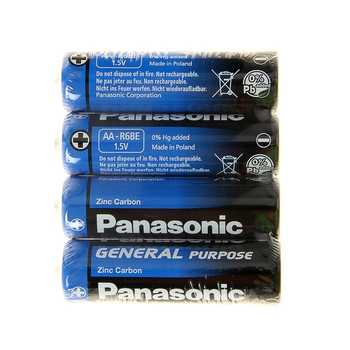 Батарейка солевая Panasonic General Purpose, AA, R6-4S, 1.5В, спайка, 4 шт. - фото 51387101 Батарейка солевая Panasonic General Purpose, AA, R6-4S, 1.5В, спайка, 4 шт. - фото 51387101