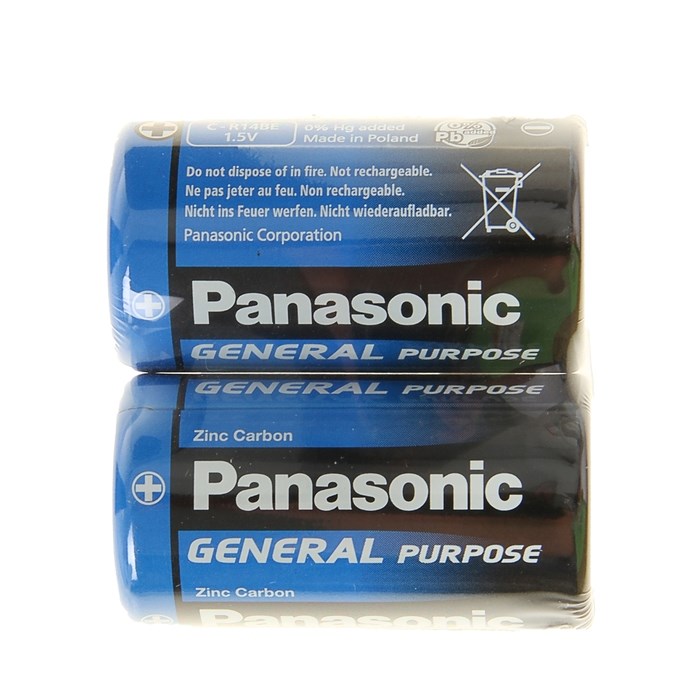 Батарейка солевая Panasonic General Purpose, C, R14-2S, 1.5В, спайка, 2 шт. - фото 51387102 Батарейка солевая Panasonic General Purpose, C, R14-2S, 1.5В, спайка, 2 шт. - фото 51387102