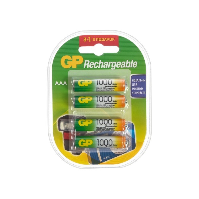 Аккумулятор GP, Ni-Mh, AAA, HR03-4BL, 1.2В, 1000 мАч, блистер, 3+1 шт. - фото 51387123 Аккумулятор GP, Ni-Mh, AAA, HR03-4BL, 1.2В, 1000 мАч, блистер, 3+1 шт. - фото 51387123