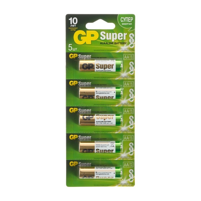 Батарейка алкалиновая GP Super, AA, LR6-5BL, 1.5В, отрывной блистер, 5 шт. - фото 51387238 Батарейка алкалиновая GP Super, AA, LR6-5BL, 1.5В, отрывной блистер, 5 шт. - фото 51387238