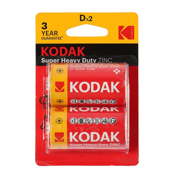 Батарейка солевая Kodak Super Heavy Duty, D, R20-2BL, 1.5В, блистер, 2 шт. - фото 51387563 Батарейка солевая Kodak Super Heavy Duty, D, R20-2BL, 1.5В, блистер, 2 шт. - фото 51387563
