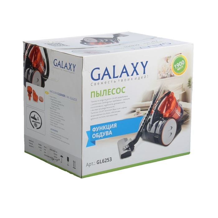 Пылесос Galaxy GL 6253, 1900/500 Вт, 3 л, чёрно-оранжевый - фото 51387599 Пылесос Galaxy GL 6253, 1900/500 Вт, 3 л, чёрно-оранжевый - фото 51387599