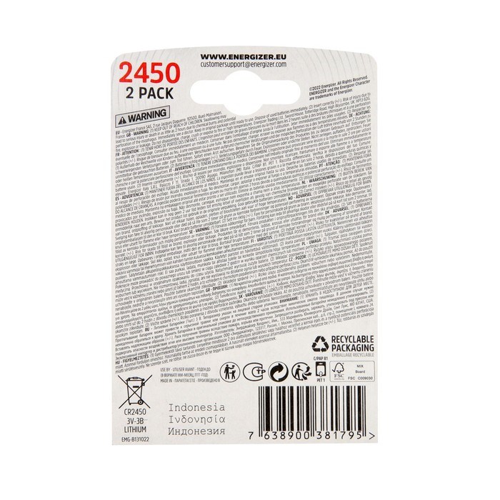 Батарейка литиевая Energizer, CR2450-2BL, 3В, блистер, 2 шт. - фото 51387624 Батарейка литиевая Energizer, CR2450-2BL, 3В, блистер, 2 шт. - фото 51387624