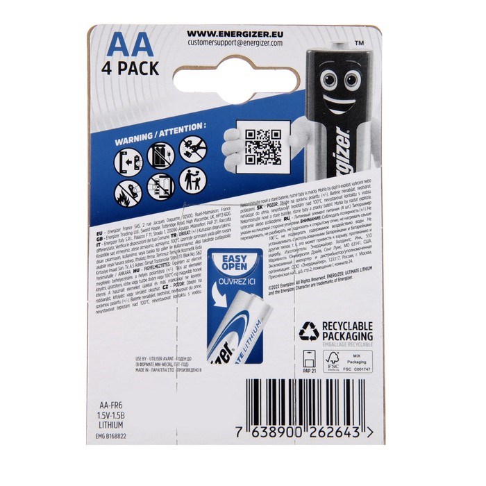 Батарейка литиевая Energizer Ultimate Lithium, AA, FR6-4BL, 1.5В, блистер, 4 шт. - фото 51387634 Батарейка литиевая Energizer Ultimate Lithium, AA, FR6-4BL, 1.5В, блистер, 4 шт. - фото 51387634