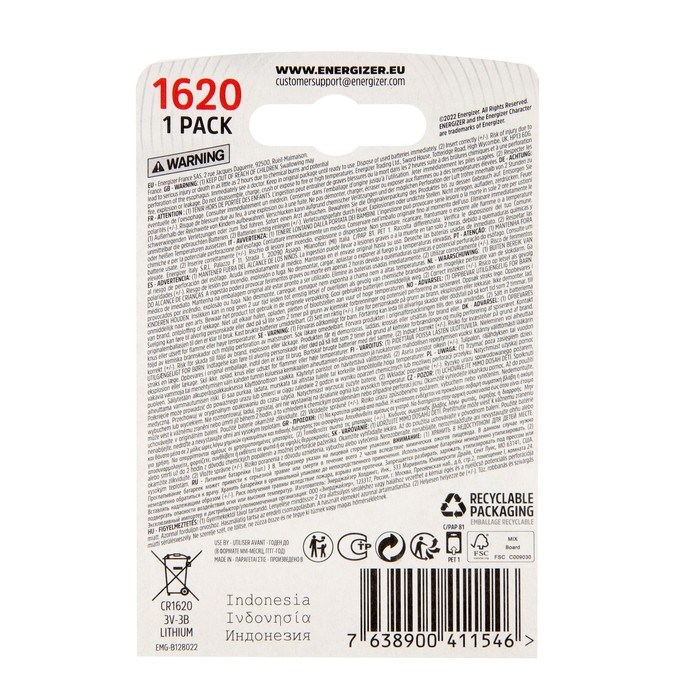 Батарейка литиевая Energizer, CR1620-1BL, 3В, блистер, 1 шт. - фото 51387636 Батарейка литиевая Energizer, CR1620-1BL, 3В, блистер, 1 шт. - фото 51387636