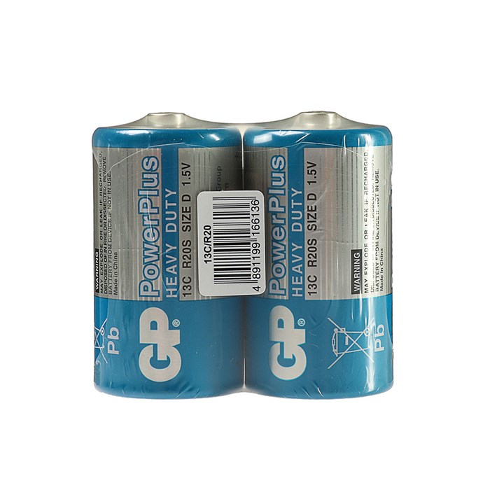 Батарейка солевая GP PowerPlus Heavy Duty, D, R20-2S, 1.5В, спайка, 2 шт. - фото 51387824 Батарейка солевая GP PowerPlus Heavy Duty, D, R20-2S, 1.5В, спайка, 2 шт. - фото 51387824