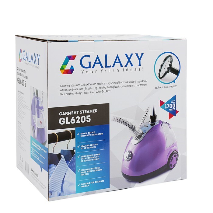 Отпариватель Galaxy GL 6205, напольный, 1700 Вт, 1500 мл, 40 г/мин, фиолетовый - фото 51388060 Отпариватель Galaxy GL 6205, напольный, 1700 Вт, 1500 мл, 40 г/мин, фиолетовый - фото 51388060