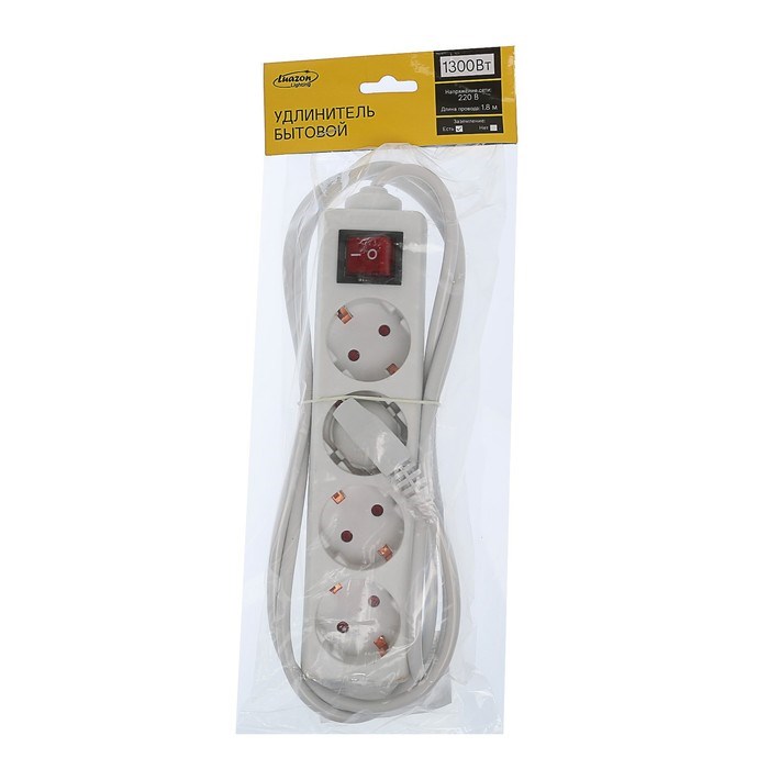 Удлинитель Luazon Lighting, 4 розетки, 1,8 м, 10 А, 1300 Вт, 3х0.75 мм2, с з/к, с выкл., Б - фото 51388107 Удлинитель Luazon Lighting, 4 розетки, 1,8 м, 10 А, 1300 Вт, 3х0.75 мм2, с з/к, с выкл., Б - фото 51388107