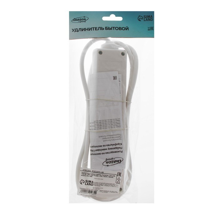 Удлинитель Luazon Lighting, 4 розетки, 1,8 м, 10 А, 1300 Вт, 3х0.75 мм2, с з/к, с выкл., Б - фото 51388109 Удлинитель Luazon Lighting, 4 розетки, 1,8 м, 10 А, 1300 Вт, 3х0.75 мм2, с з/к, с выкл., Б - фото 51388109