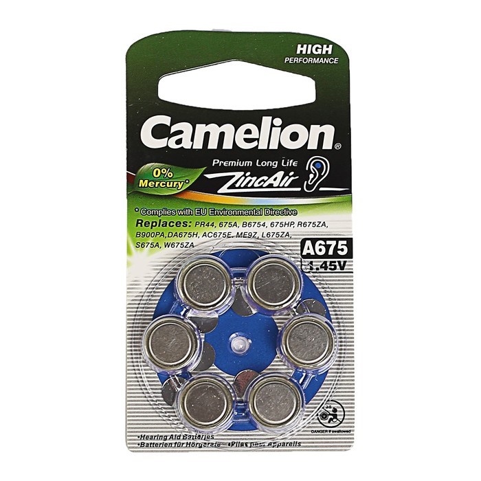 Батарейка цинковая Camelion, A675 (PR44)-6BL, для слуховых аппаратов, 1.45В, блистер, 6 шт. - фото 51388295 Батарейка цинковая Camelion, A675 (PR44)-6BL, для слуховых аппаратов, 1.45В, блистер, 6 шт. - фото 51388295