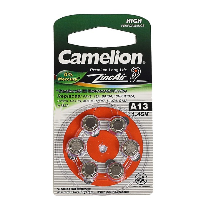 Батарейка цинковая Camelion, A13 (PR48)-6BL, для слуховых аппаратов, 1.45В, блистер, 6 шт. - фото 51388299 Батарейка цинковая Camelion, A13 (PR48)-6BL, для слуховых аппаратов, 1.45В, блистер, 6 шт. - фото 51388299