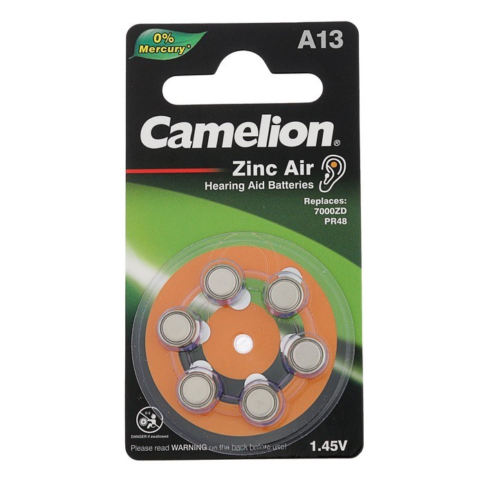 Батарейка цинковая Camelion, A13 (PR48)-6BL, для слуховых аппаратов, 1.45В, блистер, 6 шт. - фото 51388301 Батарейка цинковая Camelion, A13 (PR48)-6BL, для слуховых аппаратов, 1.45В, блистер, 6 шт. - фото 51388301
