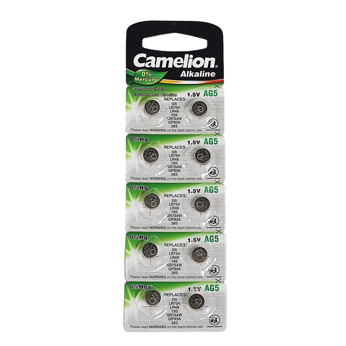 Батарейка алкалиновая Camelion Mercury Free, AG5 (393, LR754)-10BL, 1.5В, блистер, 10 шт. - фото 51388303 Батарейка алкалиновая Camelion Mercury Free, AG5 (393, LR754)-10BL, 1.5В, блистер, 10 шт. - фото 51388303
