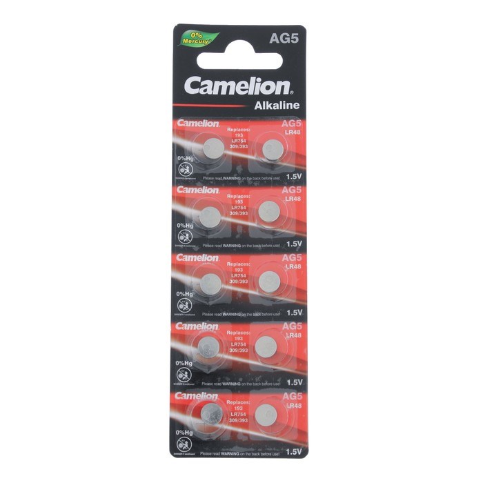 Батарейка алкалиновая Camelion Mercury Free, AG5 (393, LR754)-10BL, 1.5В, блистер, 10 шт. - фото 51388305 Батарейка алкалиновая Camelion Mercury Free, AG5 (393, LR754)-10BL, 1.5В, блистер, 10 шт. - фото 51388305