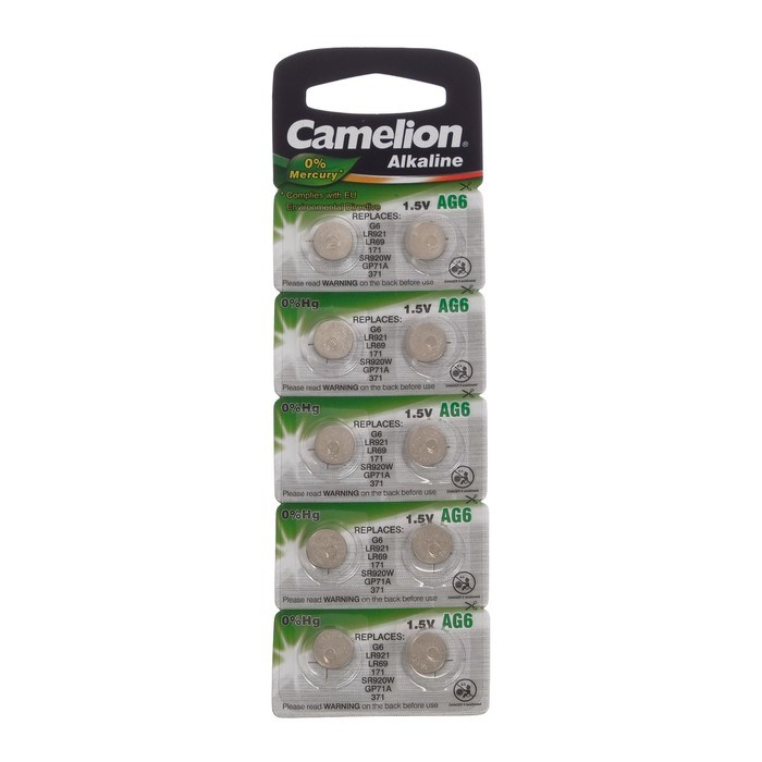 Батарейка алкалиновая Camelion Mercury Free, AG6 (371, LR921)-10BL, 1.5В, блистер, 10 шт. - фото 51388317 Батарейка алкалиновая Camelion Mercury Free, AG6 (371, LR921)-10BL, 1.5В, блистер, 10 шт. - фото 51388317