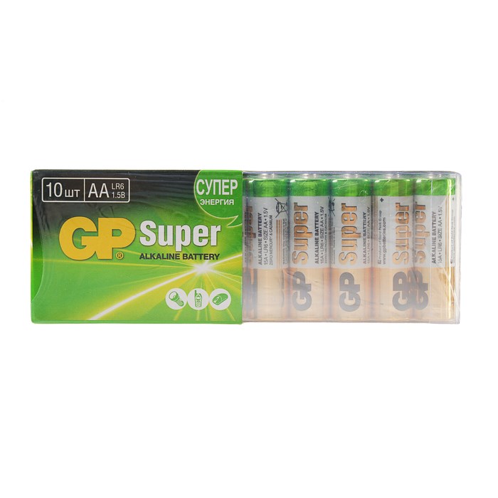 Батарейка алкалиновая GP Super, AA, LR6-10S, 1.5В, спайка, 10 шт. - фото 51388351 Батарейка алкалиновая GP Super, AA, LR6-10S, 1.5В, спайка, 10 шт. - фото 51388351