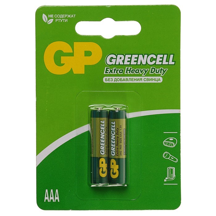 Батарейка солевая GP Greencell Extra Heavy Duty, AAA, R03-2BL, 1.5В, блистер, 2 шт. - фото 51388357 Батарейка солевая GP Greencell Extra Heavy Duty, AAA, R03-2BL, 1.5В, блистер, 2 шт. - фото 51388357