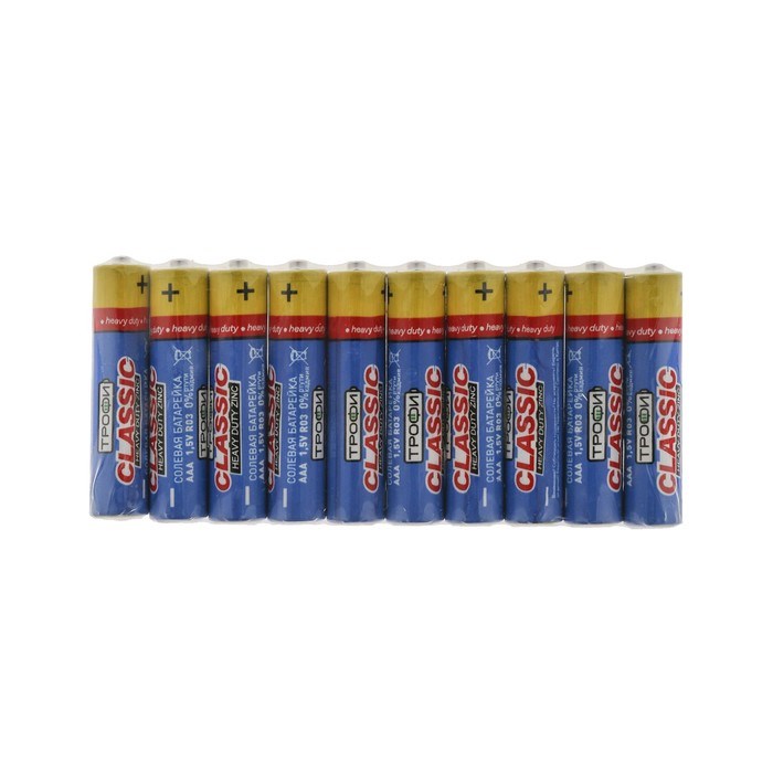 Батарейка солевая "Трофи" Heavy Duty, AAA, R03-10S, 1.5В, спайка, 10 шт. - фото 51388755 Батарейка солевая "Трофи" Heavy Duty, AAA, R03-10S, 1.5В, спайка, 10 шт. - фото 51388755